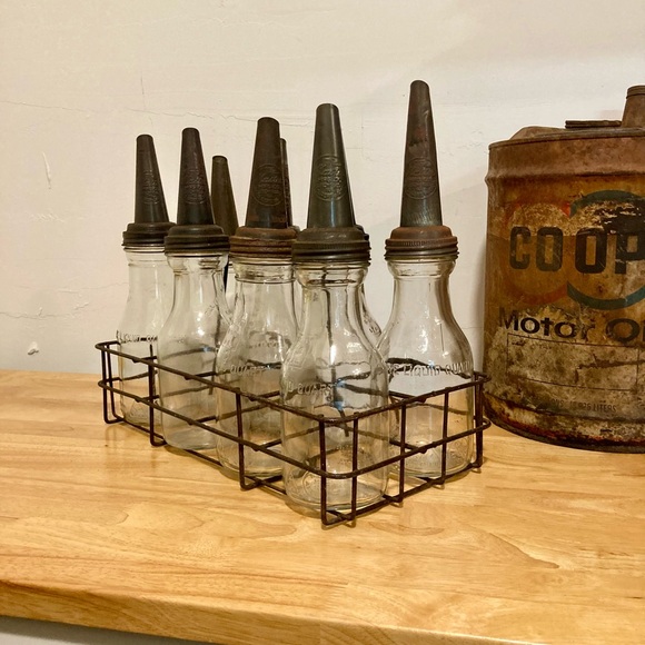 Vintage Other - 8 Vintage Motor Oil Glass Jars with Caddy